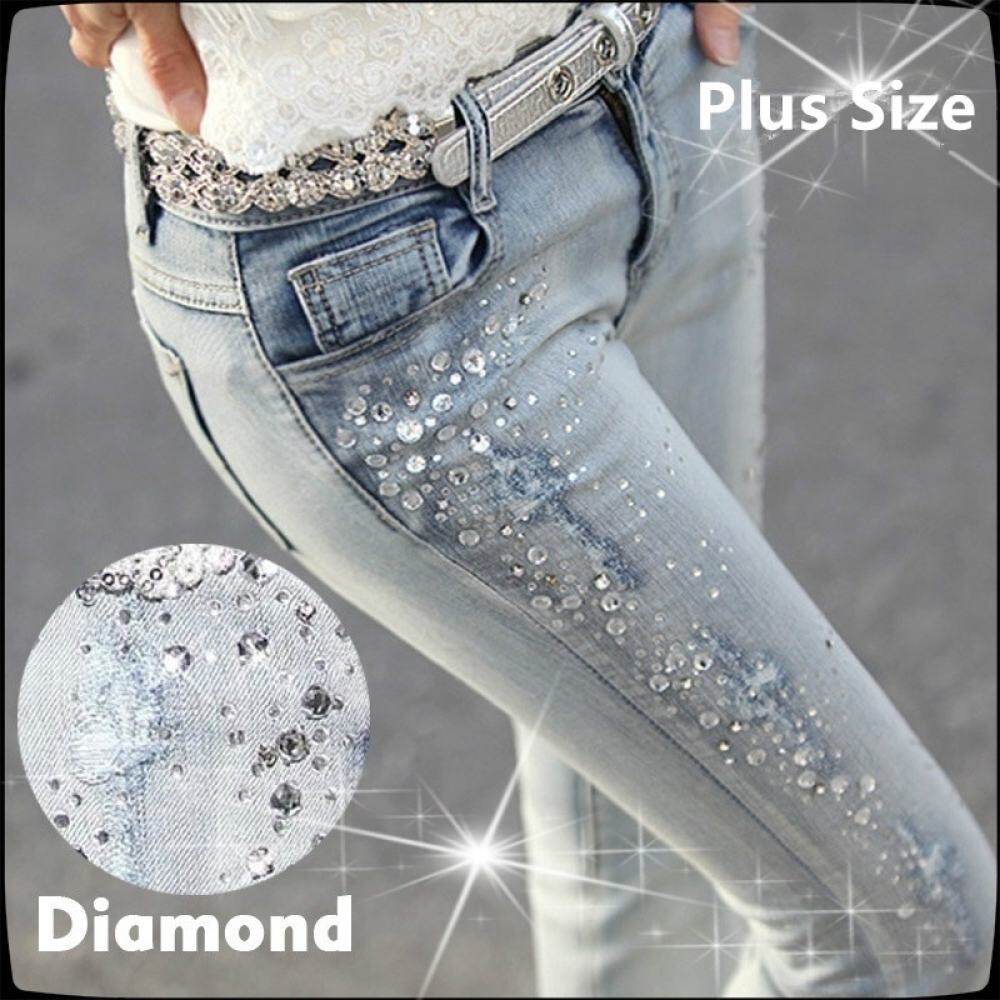 curve beautyPlus Size 25-32 Women Jeans Spring Summer Autumn Fashion Casual  Diamond Beading Stretch Skinny Slim Fit Denim Pants